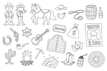 Hand drawn Vector illustration set of wild west elements including horse and wanted poster with a cowboy in doodle style