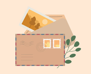 Cute envelopes with letters. Photo and stamp with teapot. Symbol of communication and interaction, distance correspondence. Sticker for social networks and messengers. Cartoon flat vector illustration