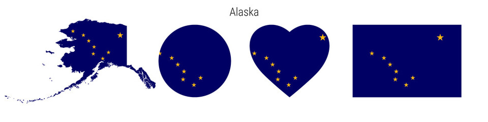 Alaska flag in different shapes icon set. Flat vector illustration