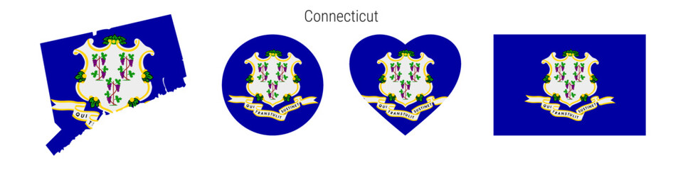 Connecticut flag in different shapes icon set. Flat vector illustration