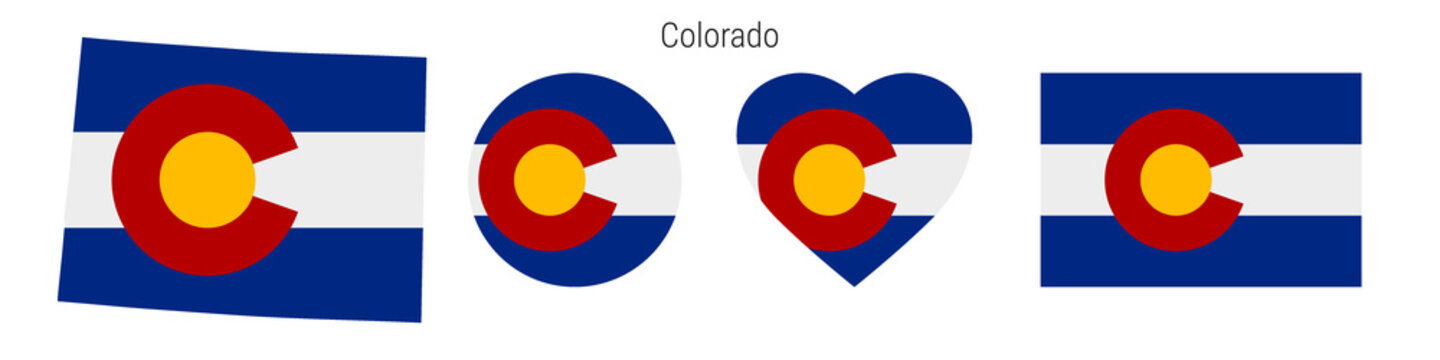 Colorado flag in different shapes icon set. Flat vector illustration