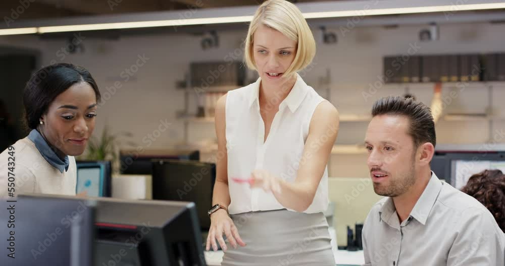 Poster collaboration, meeting and planning with a business team talking together in the office while workin