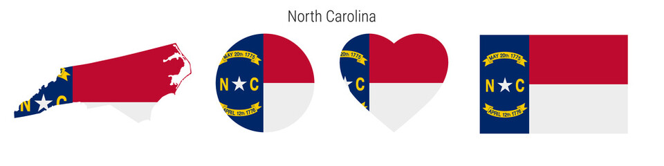 North Carolina flag in different shapes icon set. Flat vector illustration
