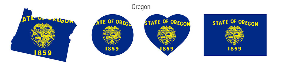 Oregon flag in different shapes icon set. Flat vector illustration