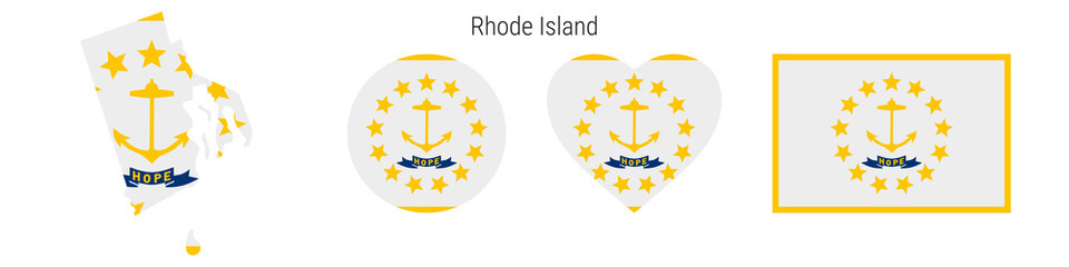 Rhode Island flag in different shapes icon set. Flat vector illustration