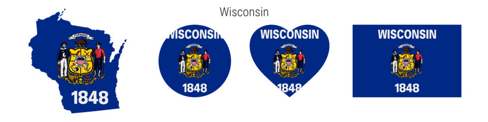Wisconsin flag in different shapes icon set. Flat vector illustration