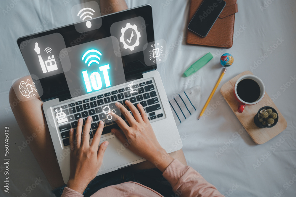 Poster iot internet of things, person hand using laptop computer with vr screen internet of things icon bac