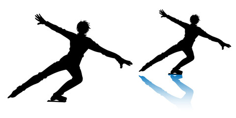 A set of silhouettes of men's singles figure skater (landing, black type)