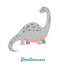 Cute brotosaurus icon. Large gray animal BC. Predator and wild life, lizard and reptile. Advertising poster or banner for website. History and archeology, fossil. Cartoon flat vector illustration