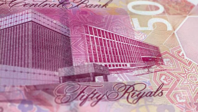 Qatar Qatari Riyal 50 Banknotes, Fifty Qatari Riyal, Close-up and macro view of the Qatari Riyal, Tracking and Dolly Shots 50 Qatari Riyal banknote Observe and Reserve Side, Qatari Riyal Money
