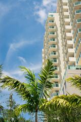 Fototapeta na wymiar Palm trees outside the building with glass balcony railings under the sky in Miami, Florida