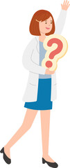 Paramedic or doctor or nurse woman in physician gown raising hand with question mark symbol