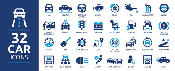 Fototapeta Car icon collection. Car service and repair icons element. Containing car wash, vehicle, garage, engine, oil, maintenance, accelerate and brake icons. obraz