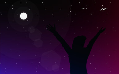 stars in the night. silhouette of a woman in the night. freedom woman walpaper. night sky with stars. freedom.