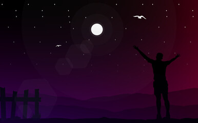 stars in the night. silhouette of a person in the night. freedom man walpaper. night sky with stars. freedom.