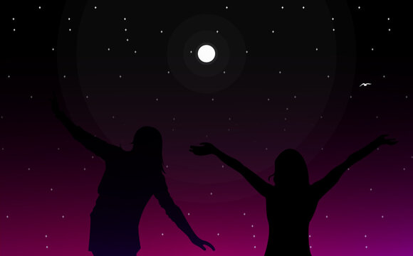 silhouette of woman in the night. freedom woman walpaper. night sky with stars. freedom. silhouette of a person in a night. stars in the night.