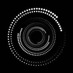 White dots in circle form. Halftone dotted lines. Trendy design element for border frame, round logo, tattoo, sign, symbol, web pages, prints, template, pattern, abstract background