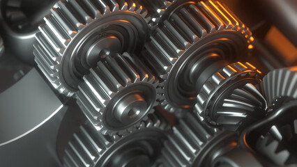 Gears in the reducer close-up. Disassembled gearbox. Dark mechanical background. 3d render