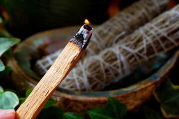 A close up image of a burning wooden smudge stick with blurred background of two white sage smudge...