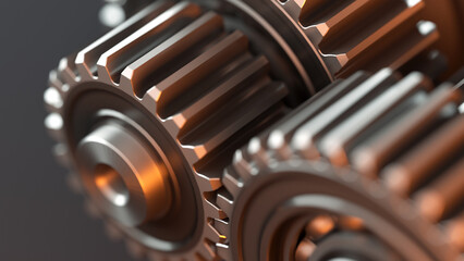 Two interlocking metal gears of a reducer close-up. 3d render