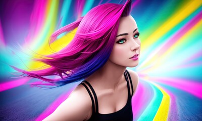 Obraz premium half body portrait of a beautiful woman in a croptop with a ombre purple pink teal hairstyle with head in motion