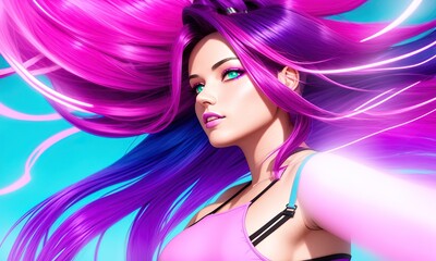 Naklejka premium half body portrait of a beautiful woman in a croptop with a ombre purple pink teal hairstyle with head in motion