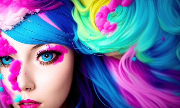 a beautiful young woman with cotton candy hair. paint splashes. with a little bit of cyan and pink-art