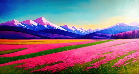 pink landscape with mountains 