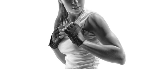 Fototapeta na wymiar Fitness woman in sports clothing showing her well trained body Black and white close-up portrait Isolated on white
