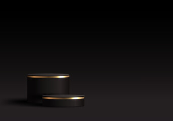 3D realistic elegant black and gold cylinder podium on dark scene background luxury minimal style