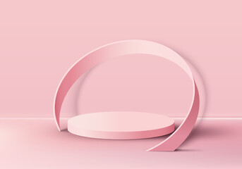 3D realistic modern minimal pink cylinder podium platform with pink circle whirl on pink scene background