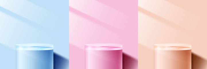 Set of blue, pink and orange pastels color 3D cylinder podium pedestal top of transparency glass with lighting of window on minimal wall scene background