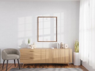 Fototapeta na wymiar Vertical wood frame mockup in living room interior with window light shadow. 3d rendering, 3d illustration