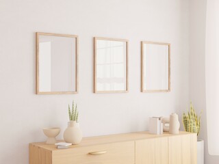Naklejka na ściany i meble Vertical wood frame mockup in living room interior with window light shadow. 3d rendering, 3d illustration