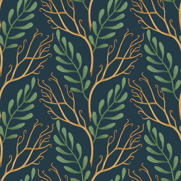 Seamless pattern with leaves. Decorative pattern. Watercolor and gouache illustration. The print is used for Wallpaper design, fabric, textile, packaging.