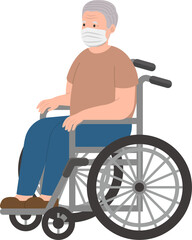 An elderly man in a wheelchair wearing a medical mask, vector cartoon character