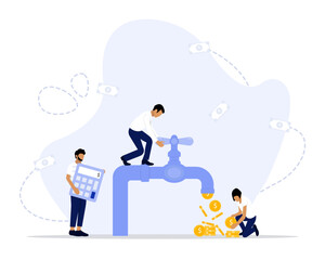 Cash Flow Vector Illustration Concept Showing cash coin flowing from a water tap, Suitable for landing page, ui, web, App intro card, editorial, flyer, 
and banner.