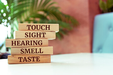 Wooden blocks with words 'touch, sight, hearing, smell and taste'.