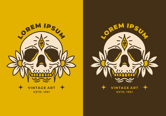 Vintage art illustration of the skull and flowers
