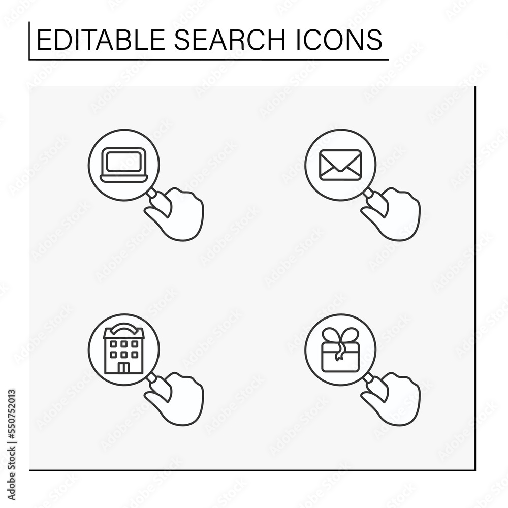 Poster search line icons set. looking through a magnifier. searching for entertainment. seo concepts. isola