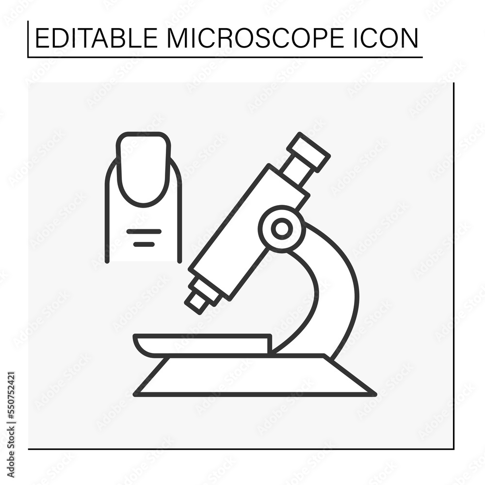 Poster researching line icon. analyzing nails by microscope. science concept. isolated vector illustration.