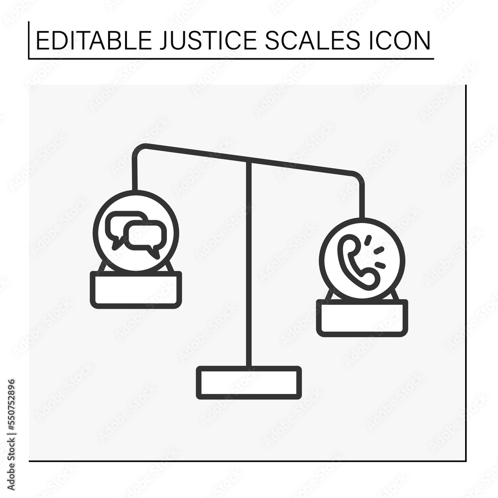 Poster balance line icon. antique balance scales with message and call. choice between real-life communicat