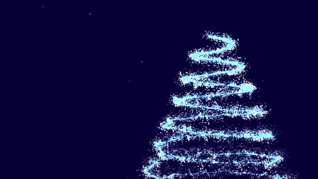 Animation of Christmas tree forming with glittering particles of light. Animation for Christmas day. Blue and white particles with dark blue background