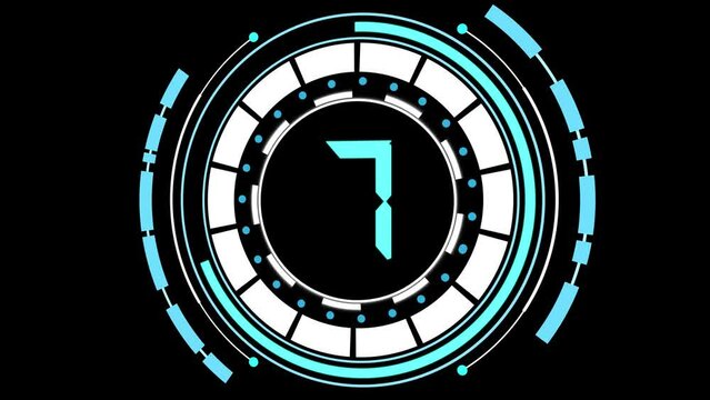 Technology countdown from 10 seconds to 0 seconds blue in green and black screen. Technological animation with glowing blue circular circuit. Countdown, last moments, last seconds. Countdown New Year