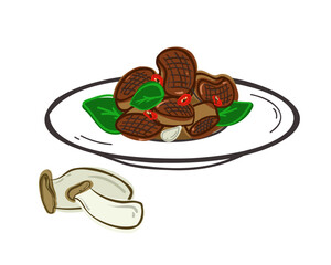 Fried eringi mushrooms in miso sauce. grilled slices of king oyster mushrooms.