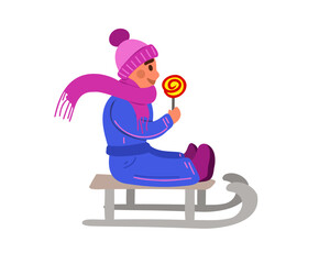 A child with candy on a sled. Flat vector illustration.