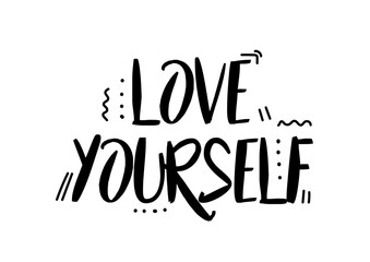 Doodle style love yourself. Motivational quote, positivity and optimism. Psychology and mental health, acceptance. Poster or banner for website. Branding and logo. Cartoon flat vector illustration
