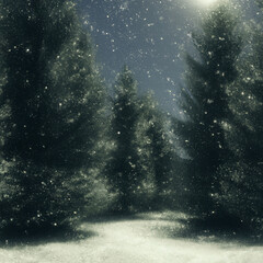 Naklejka premium AI-generated dark green and high conifers with falling snowflakes and beam of moonlight 