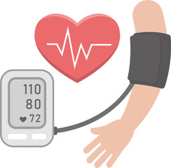 Vector cartoon icon of measuring blood pressure, sphygmomanometer with heartbeat and arm