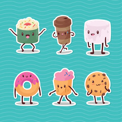 six kawaii food characters
